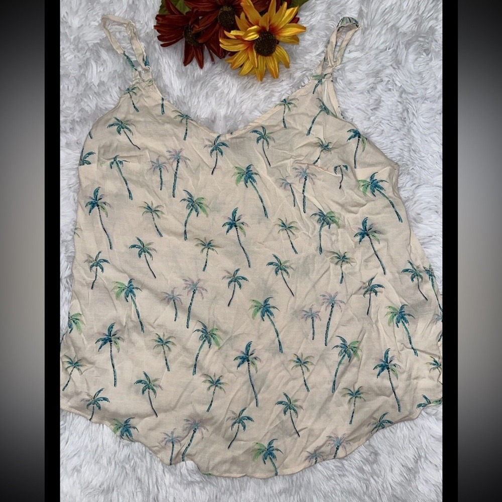 Palm Tree Print Camisole V-Neck Tropical Summer Tank Top Cream Blue Green
